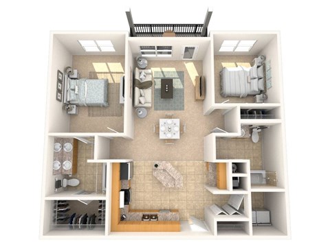 A 3D floor plan of a small apartment with a kitchen, living room, and bedroom.